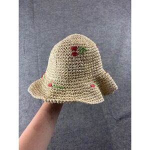 VTG Woven Straw Bucket Hat Floral Embroidered Sun Hat Cottagecore Summer Boho